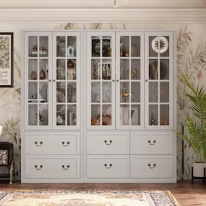 78.7 in. Tall Gray Wood 12-Shelf Combination Standard Bookcase Storage Cabinet with Tempered Glass Doors and 6-Drawers