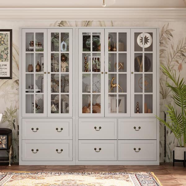 FUFU&GAGA 78.7 in. Tall Gray Wood 12-Shelf Combination Standard Bookcase Storage Cabinet with Tempered Glass Doors and 6-Drawers