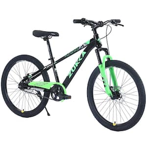 24 in. Age 9-12 Years Mountain Bike for Boys and Girls, Height Adjustable, Double Disc Brake in Black Green