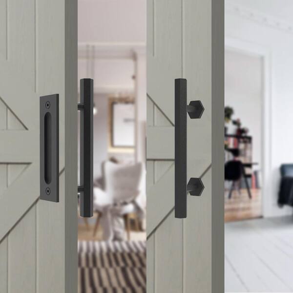 10 in. Black Hexagon Pull and Flush Sliding Barn Door Handle Set 10 in. Black Hexagon Pull and Flush Sliding Barn Door Handle Set
