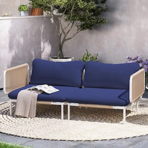 2-Piece Drawcord Metal Outdoor Sectional Set with Navy Blue Cushions