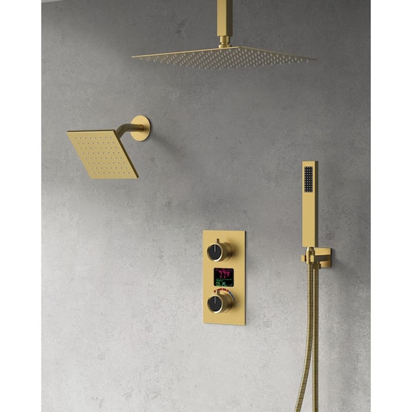 GRANDJOY Smart Temperature 12 in. 3-Spray Square Wall Bar Shower Kit with Hand Shower in Brushed Gold (Valve Included)
