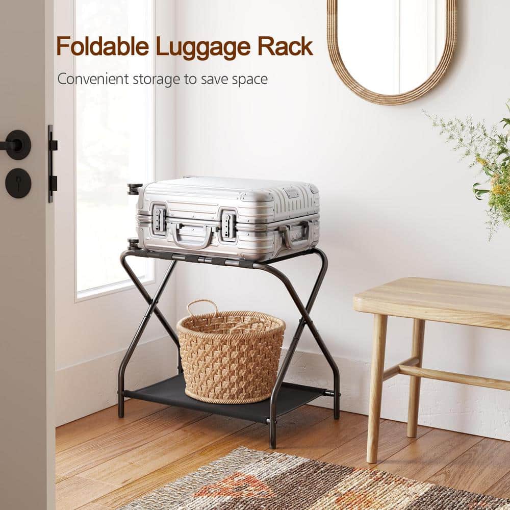 Black Foldable Metal Luggage Rack with Storage Shelf, Set of 2