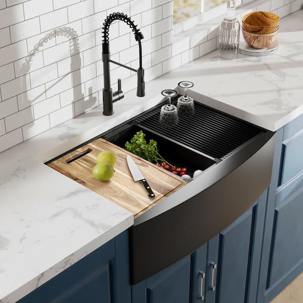 33 in. Farmhouse/Apron-Front Double Bowl 18 Gauge Black Stainless Steel Workstation Kitchen Sink