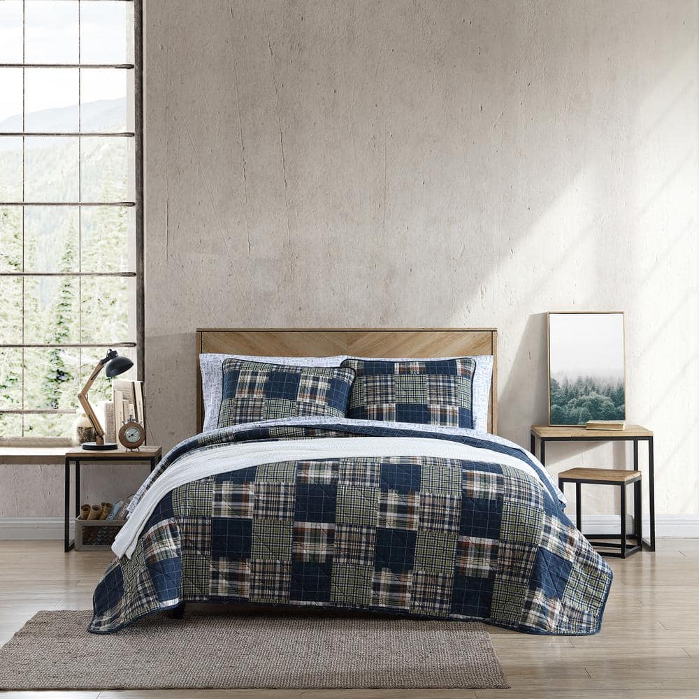 Eddie Bauer Madrona Plaid 3Piece Navy Blue Cotton King Quilt Set