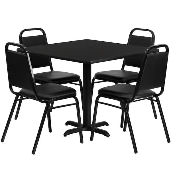 Carnegy Avenue Black 36 in. Square Laminate Dining Table and Chairs Set, Dining Set with Table, X-Base and 4 Trapezoidal Back Chairs