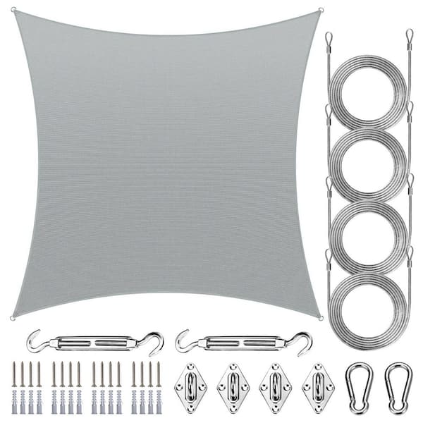 14 ft. x 14 ft. Square Sun Shade Sail with Hardware Kit and Rope-Gray