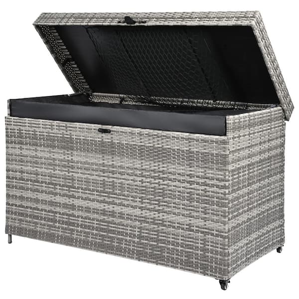 200 Gal. All-Weather Gray Wicker Deck Box Storage Box with 2 Wheels and Top Lid Mesh Pocket, Lockable Lid