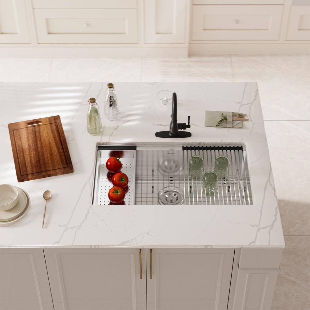 32" Undermount Single Bowl Brushed Stainless Steel Kitchen Sink with Accessories