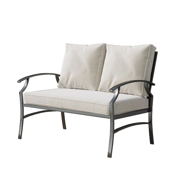 Black Metal Frame Outdoor Patio Loveseat with Beige Cushions