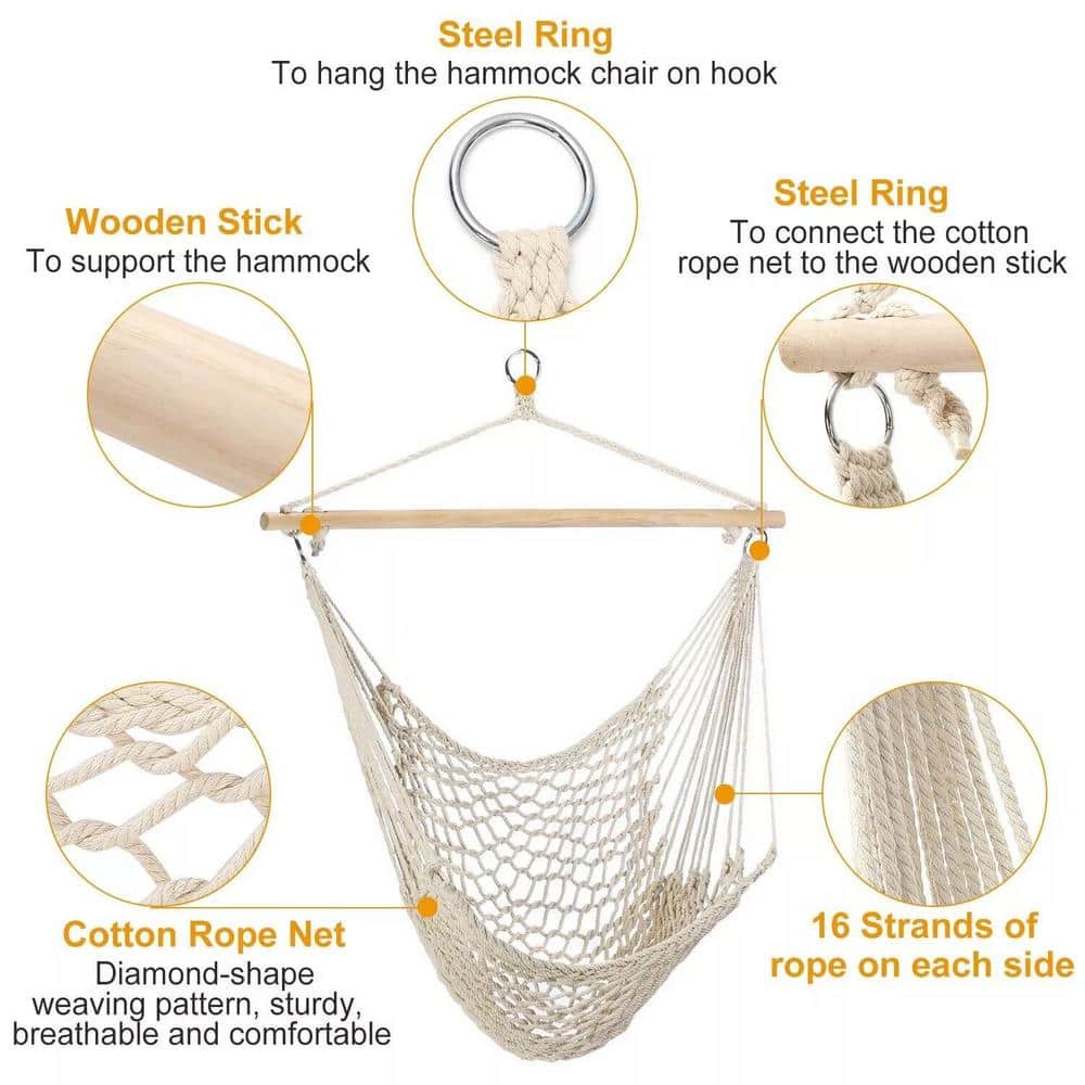 Beige Cotton Rope Portable Hanging Hammock Chair