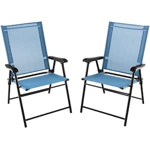 Blue Patio Folding Chairs Outdoor Portable Fabric Pack Lawn Chairs with Armrests (Set of 2)