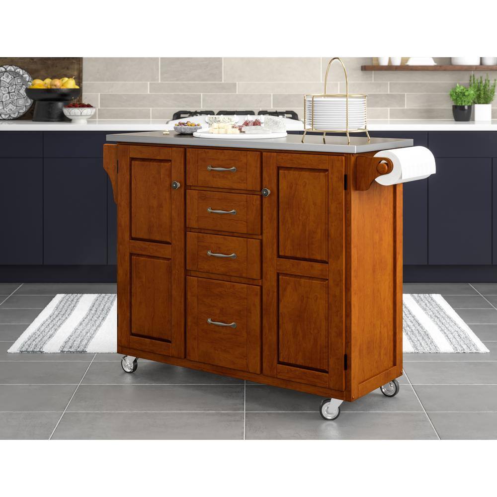 Cherry and Stainless Steel Kitchen Cart with Spice Rack