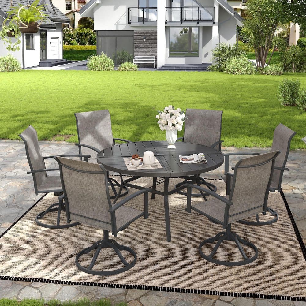7-Piece Metal Outdoor Dining Set with 50 in. Gray Round Dining Table and 6 Gray Textilene Swivel Patio Chairs price history on PriceWatchPro