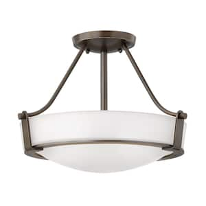 Hathaway 16 In. 3-Light Olde Bronze with Etched White Glass Semi-Flush Mount