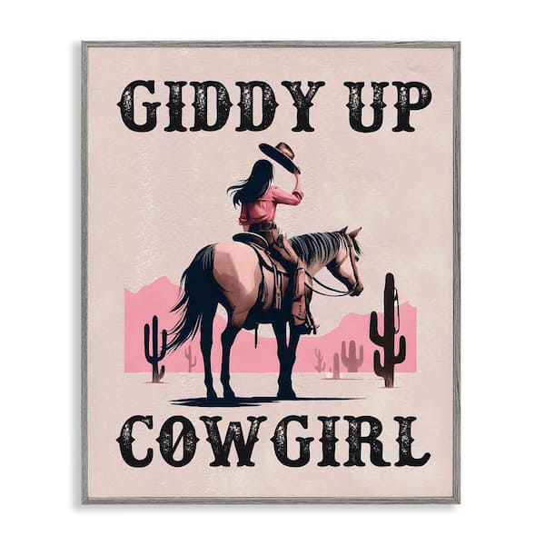 Stupell Industries Giddy Up Brunette Cowgirl by Lettered and Lined Gray Framed People Giclee Art Print 14 in. x 11 in.