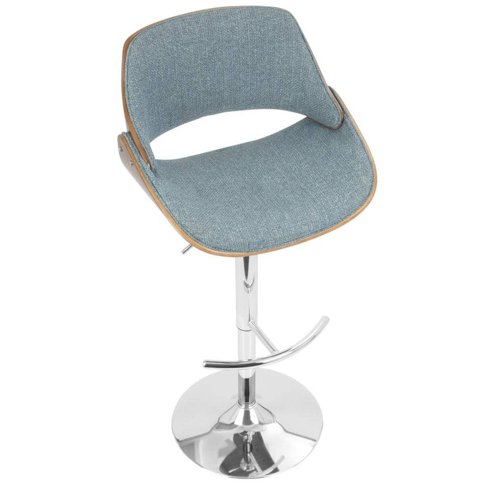 Contemporary Walnut & Blue Swivel Adjustable Barstool