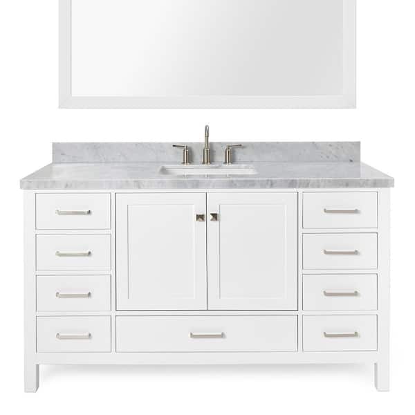 ARIEL Cambridge 61 in. Bath Vanity in White with Marble Vanity Top in Carrara White with White Basins and Mirror