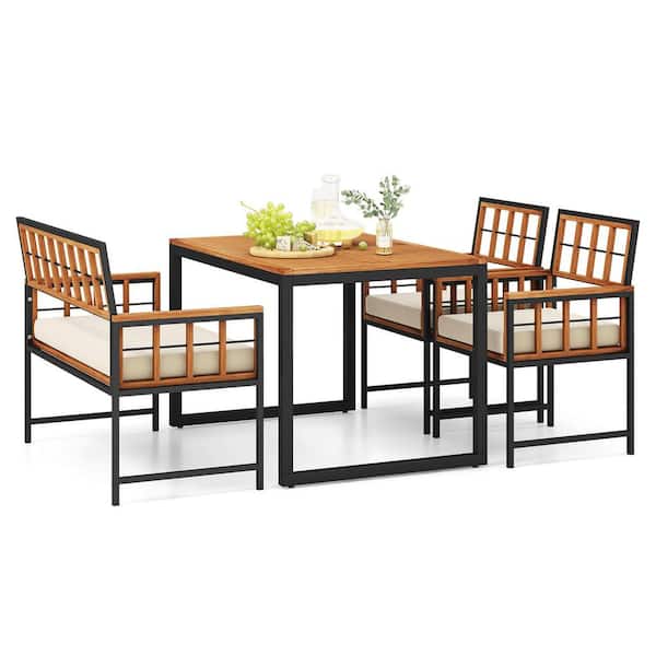 Gymax 4 PCS Acacia Wood Patio Dining Set with 1 Rectangular Table