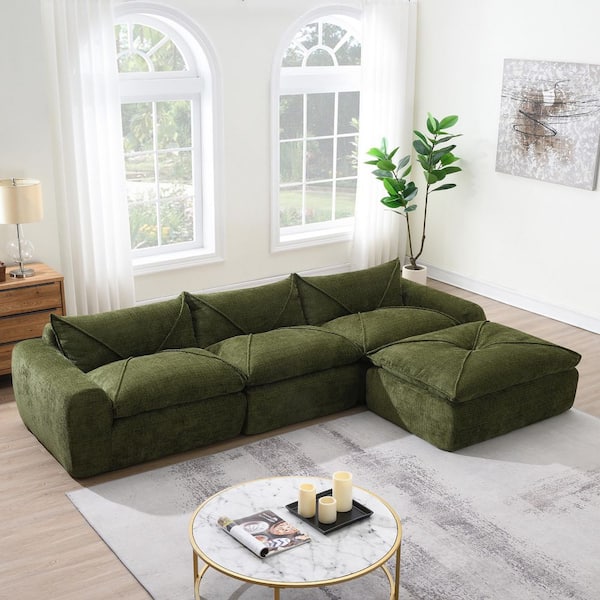 116 in. No Assembly Required Chenille Sectional Sofa in Green with Ultra High-Density Foam, Legless Design Without Frame
