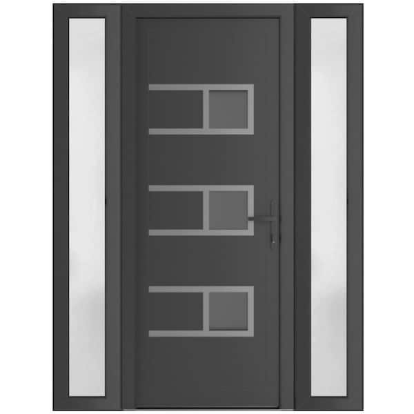 68 in. x 80 in. Left-hand/Inswing Frosted Glass Antracite Grey Steel Prehung Front Door with Hardware
