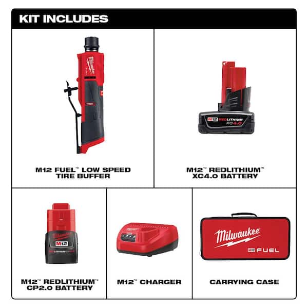 M12 FUEL 12V Lithium-Ion Brushless Low Speed Tire Buffer Kit with 4.0 Ah and 2.0 Ah Battery and Bag