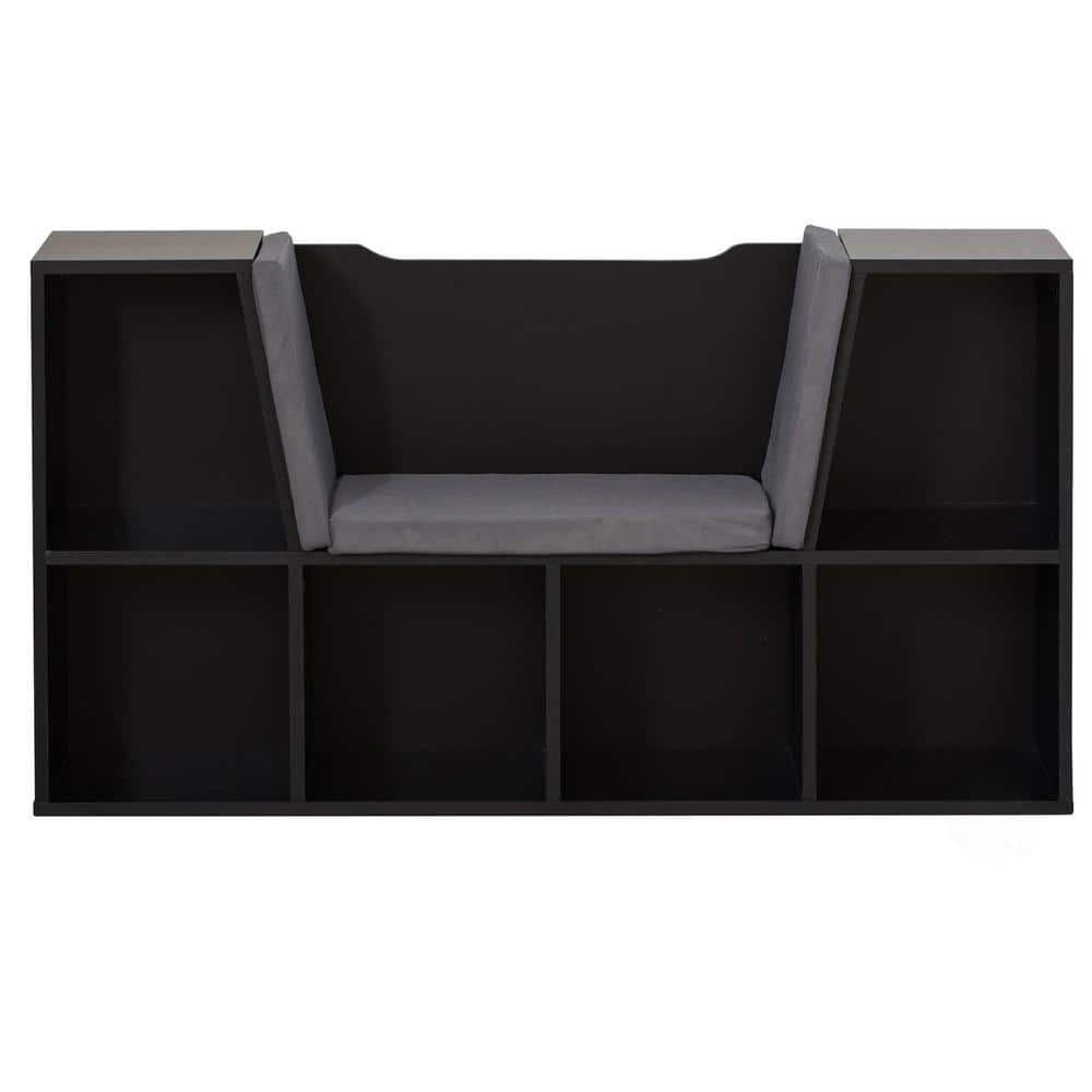 Black Wood Kids Bookshelf with Cushioned Reading Nook and Storage Cubes