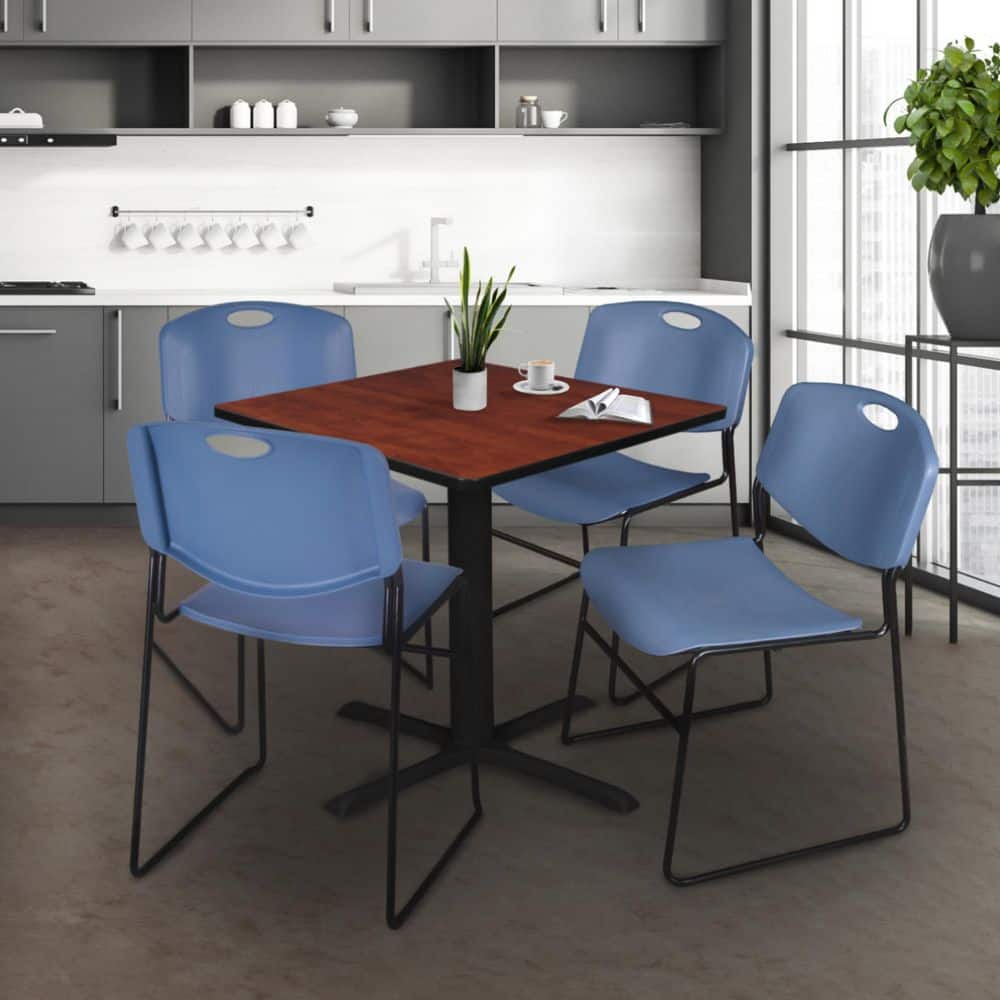 Cain 36 in. Cherry Square X-Base Breakroom Table Desk and 4 Zeng Stack Chairs-Blue