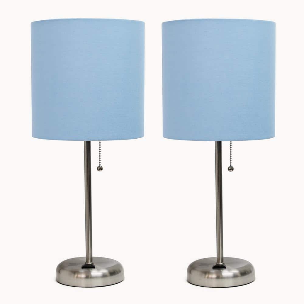 Blue Fabric Shade Table Lamp Set with Charging Outlet, 19.5"
