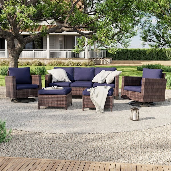 5-Piece Patio Outdoor Brown Wicker Conversation Seating Set Thickening With Swiveling Rocker, Navy Blue Cushion