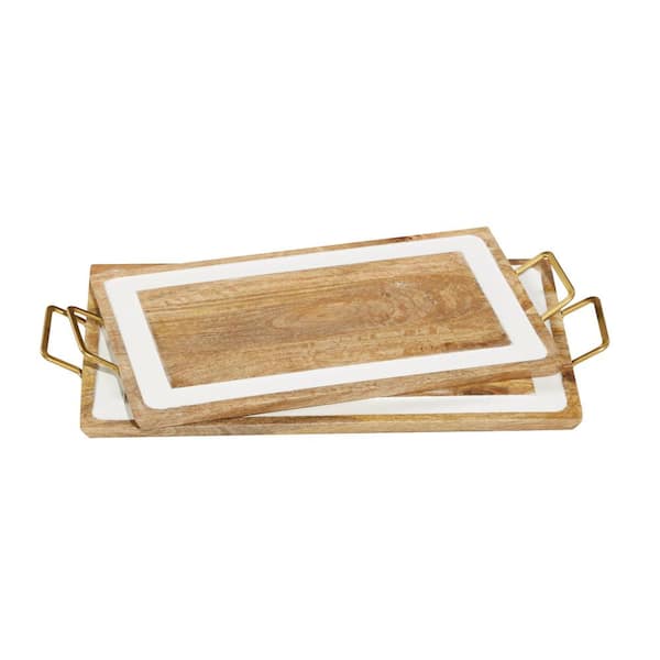 Litton Lane Brown Wood Decorative Tray with White Enamel Inlay (Set of 2)