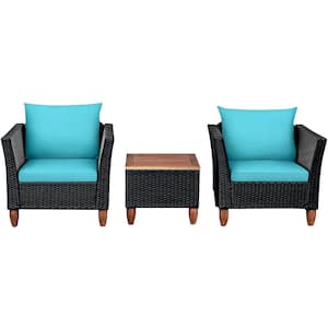 3-Pieces Wicker Patio Conversation Set Wooden Table Top with Turquoise Cushions