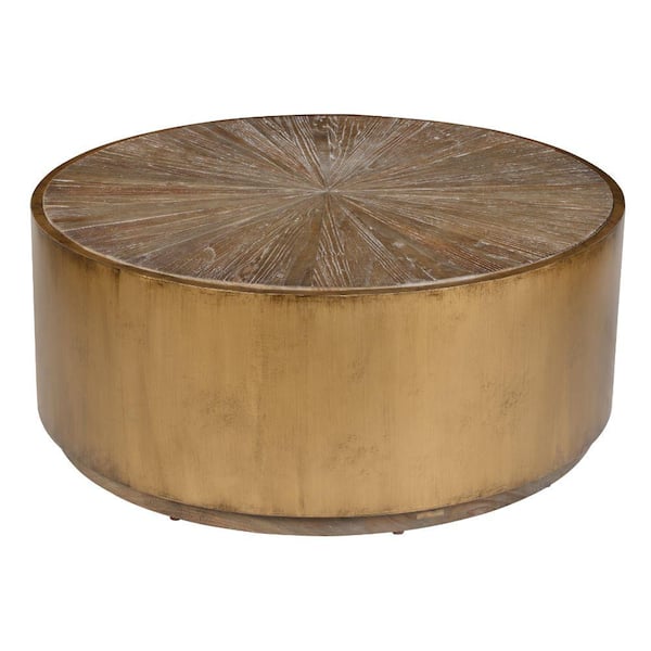 Benjara 39 in. Brown and Gold Round Wood Top Coffee Table