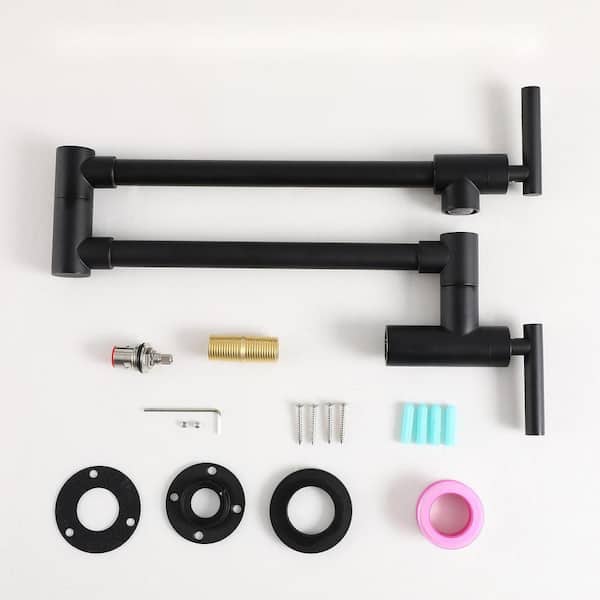 Single Hole Wall Mounted Pot Filler Kitchen Sink Faucet Folding Stretchable with 2-Handles in Matte Black