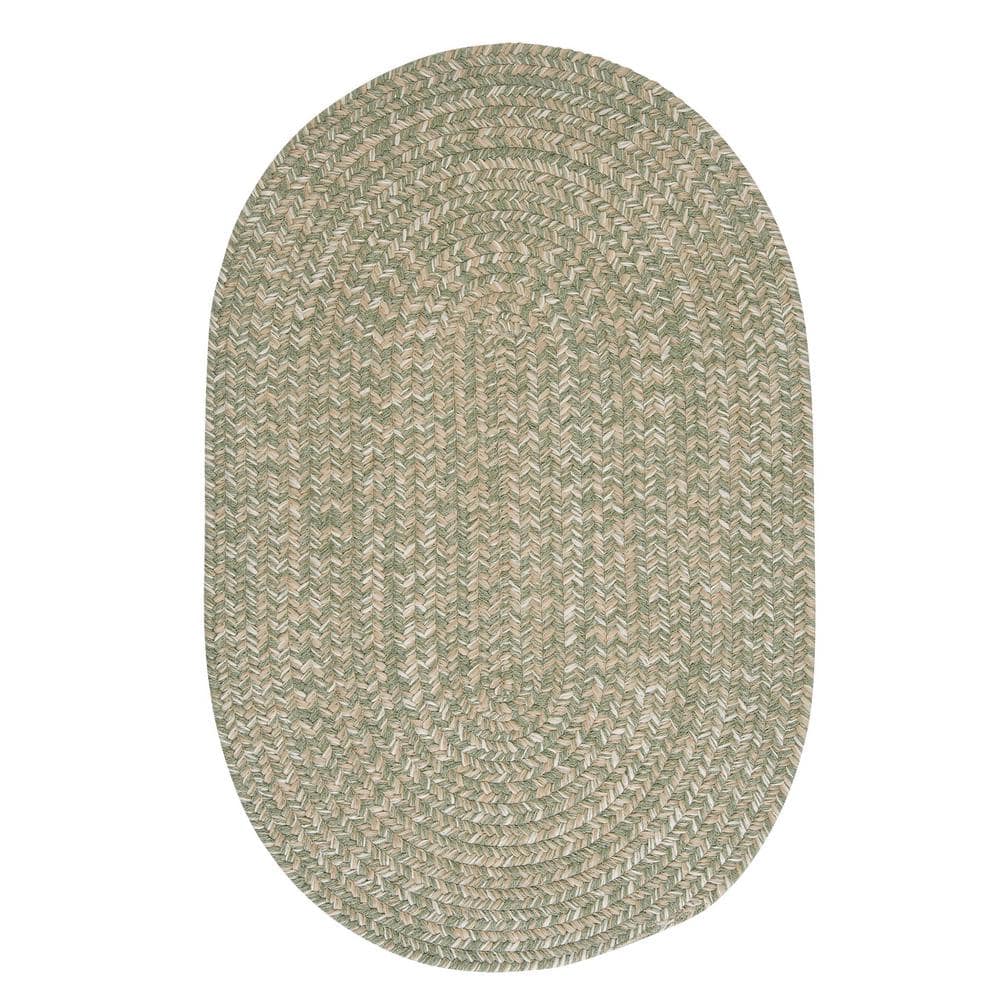 Green and White Oval Braided Wool Blend Area Rug 2' x 3'