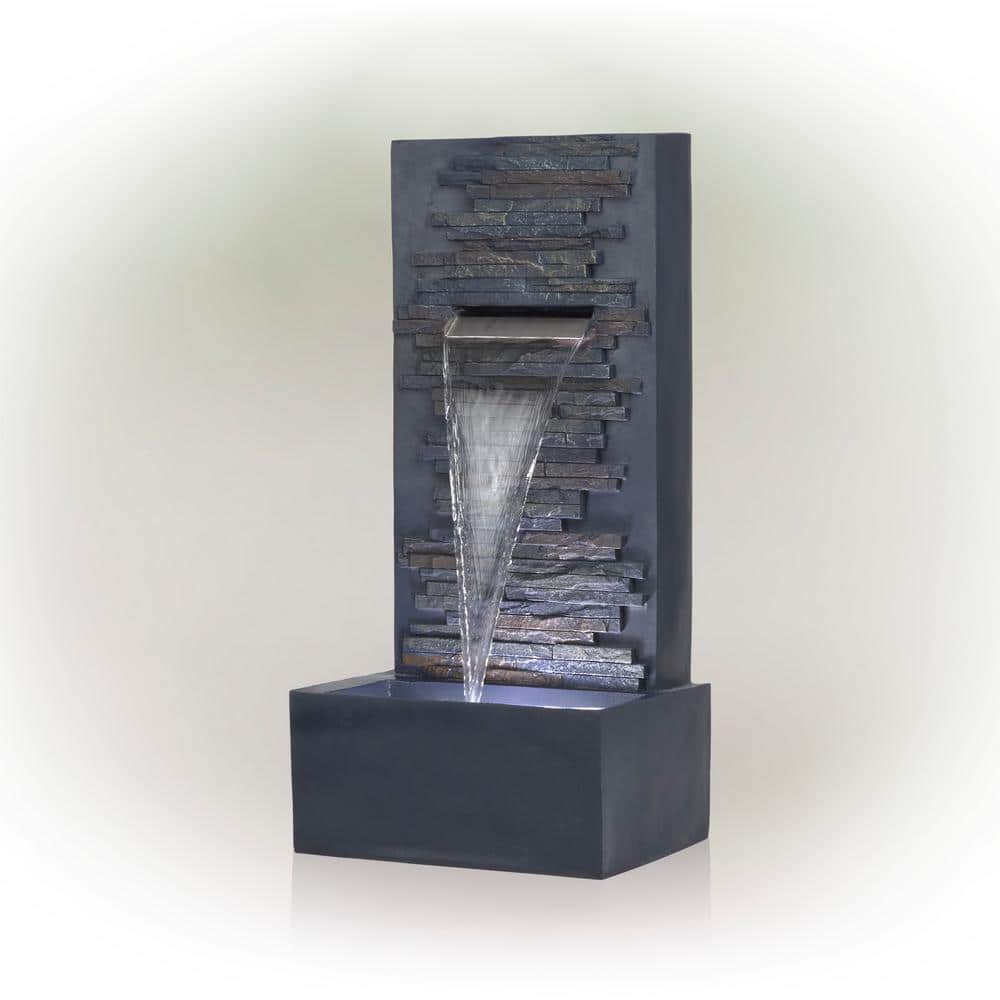 Gray Polystone and Fiberglass Cascading Wall Fountain with LED Lights