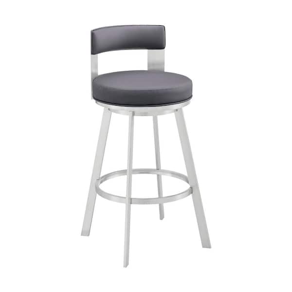 Benjara 29 in. Gray and Silver Low Back Metal Frame Counter Stool with Faux Leather Seat