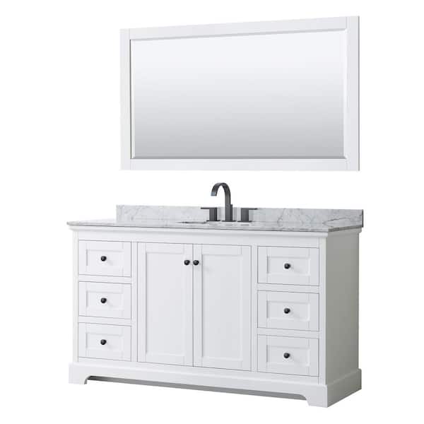 Wyndham Collection Avery 60 in. W x 22 in. D x 35 in. H Single Bath Vanity in White with White Carrara Marble Top & 58" Mirror