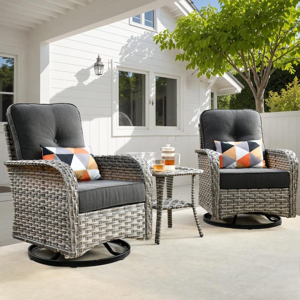 OVIOS Vinceny Gray 3-Piece Wicker Patio Conversation Seating Set with Black Cushions and Swivel Chairs