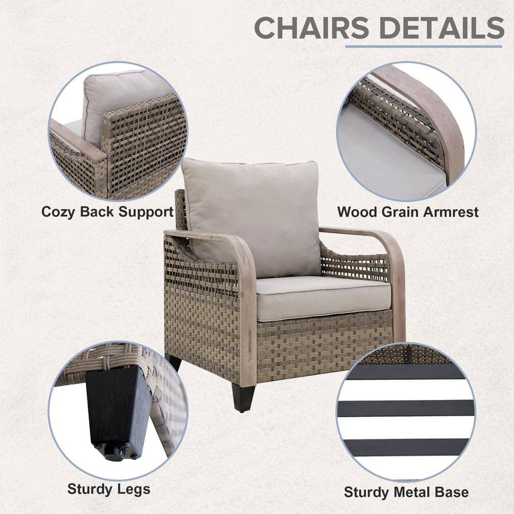 Gray and Brown Wicker Armchair Patio Set with Steel Frame