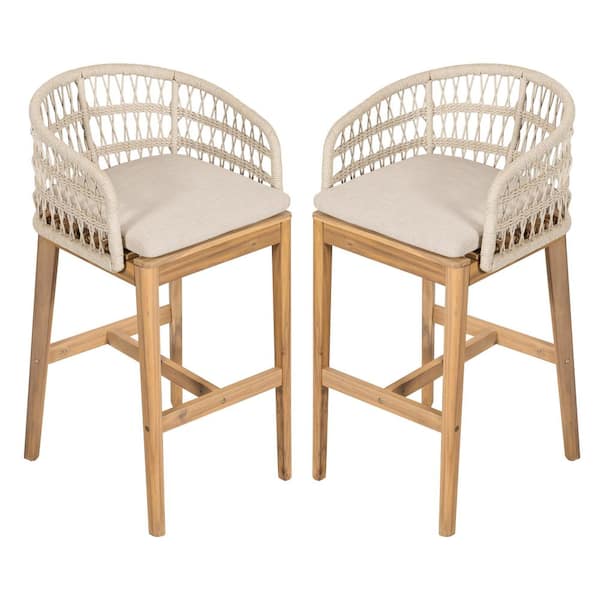 CHRISTOPHER KNIGHT HOME Yetta 29 in. Solid Wood and Rope Woven Patio Outdoor Bar Stool with Beige Cushions, Teak Finish, (Set of 2)