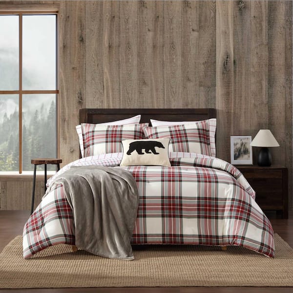 Serendipity Plaid 3-Piece White/Red/Grey Flannel Cotton King Comforter Set