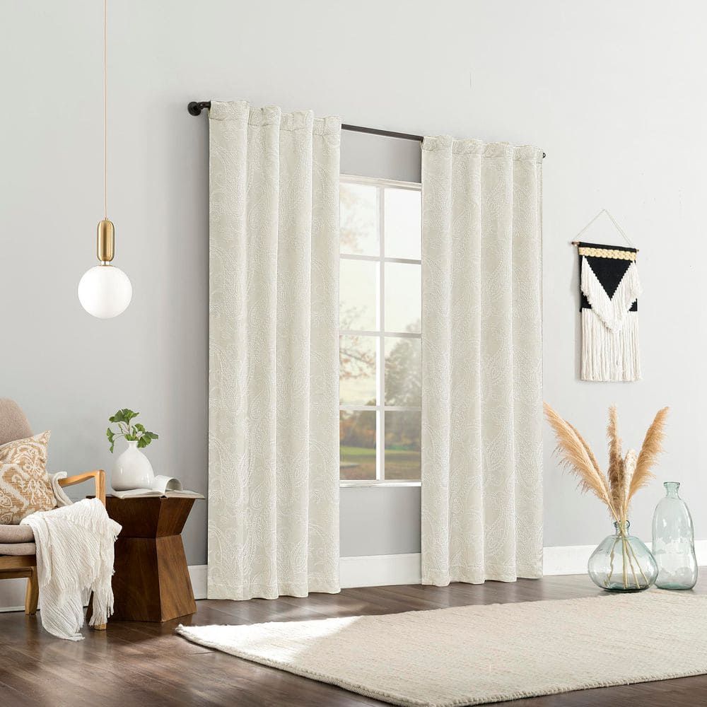Pearl White Paisley Embroidery Blackout Curtain Panel 40"x84"