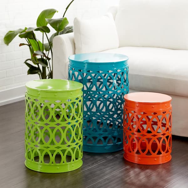 Litton Lane 16 in. Multi Colored Indoor Outdoor Nesting Large Round Iron End Table with Carved Trellis Design 3 Pieces 29028 The Home Depot