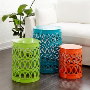 16 in. Multi Colored Indoor Outdoor Nesting Large Round Iron End Table with Carved Trellis Design (3- Pieces)
