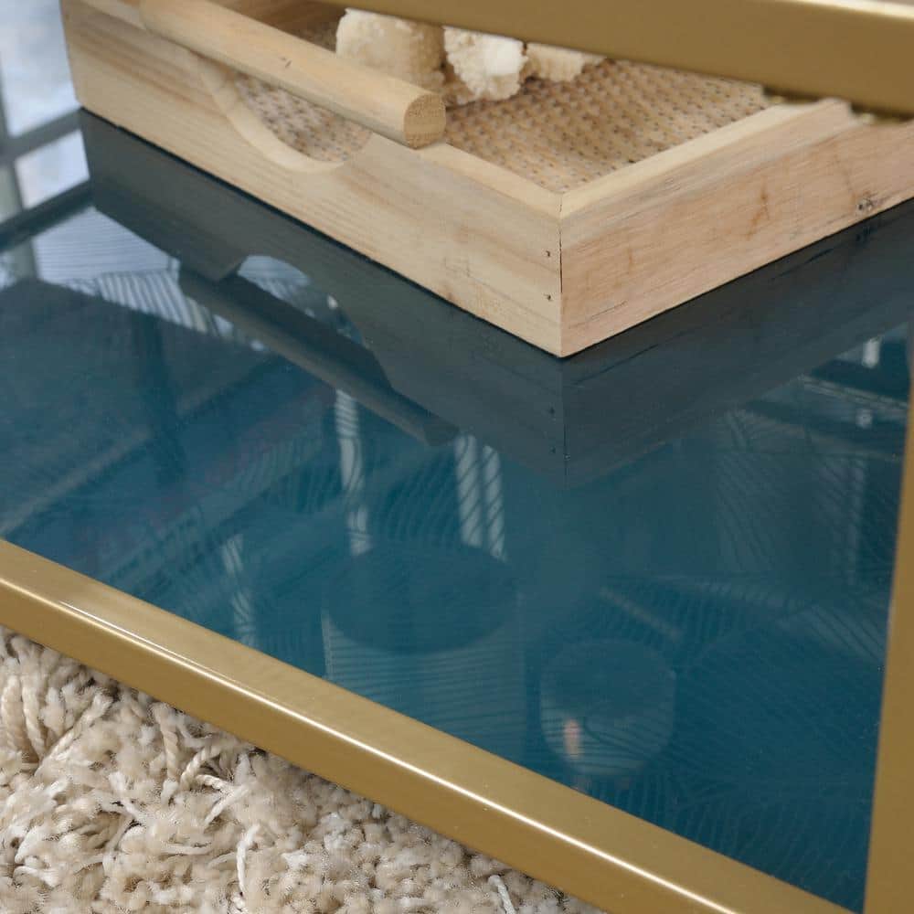 Satin Gold Square Coastal Glass Coffee Table with Abstract Shelves