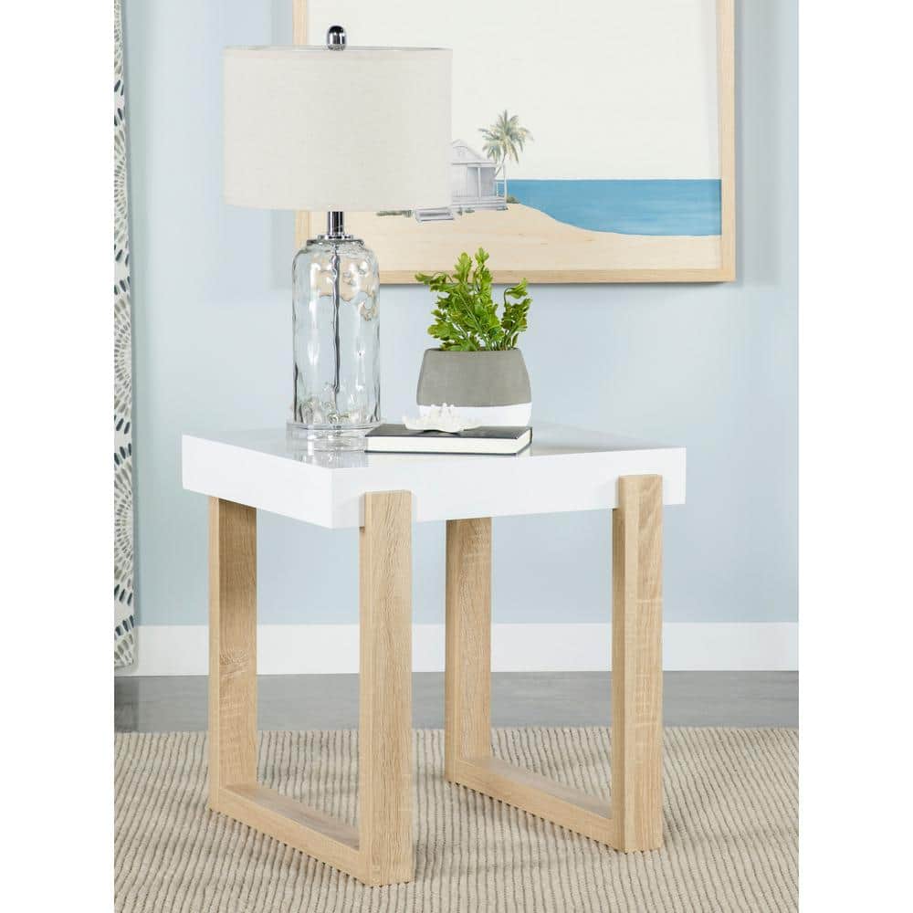 Pala White High Gloss and Natural Wood Rectangular End Table