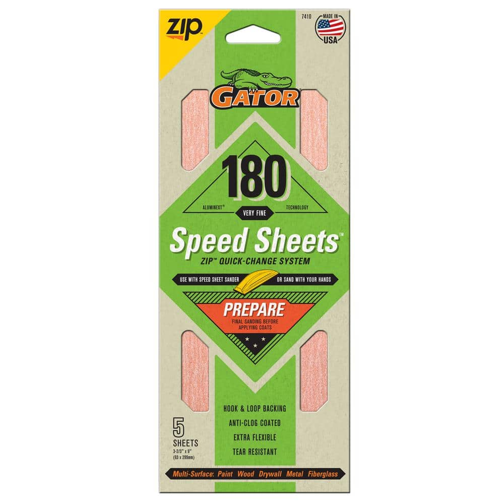 Gator Speed Sheets 3-2/3 in. x 9 in. 180 Grit Very Fine Hook and Loop Sand  Paper (5-Pack) 7410 - The Home Depot