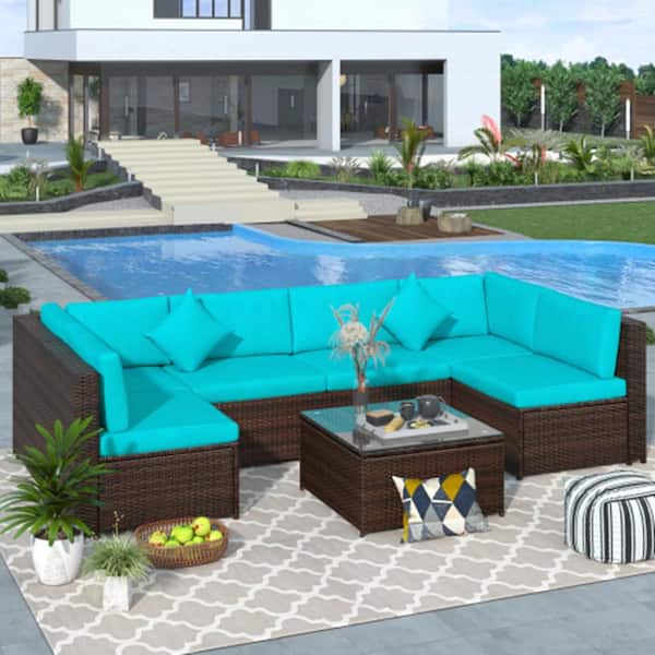 Afoxsos Patio Brown 7-Piece PE Rattan Wicker Outdoor Sectional Set with Blue Cushions, Pillows and Coffee Table
