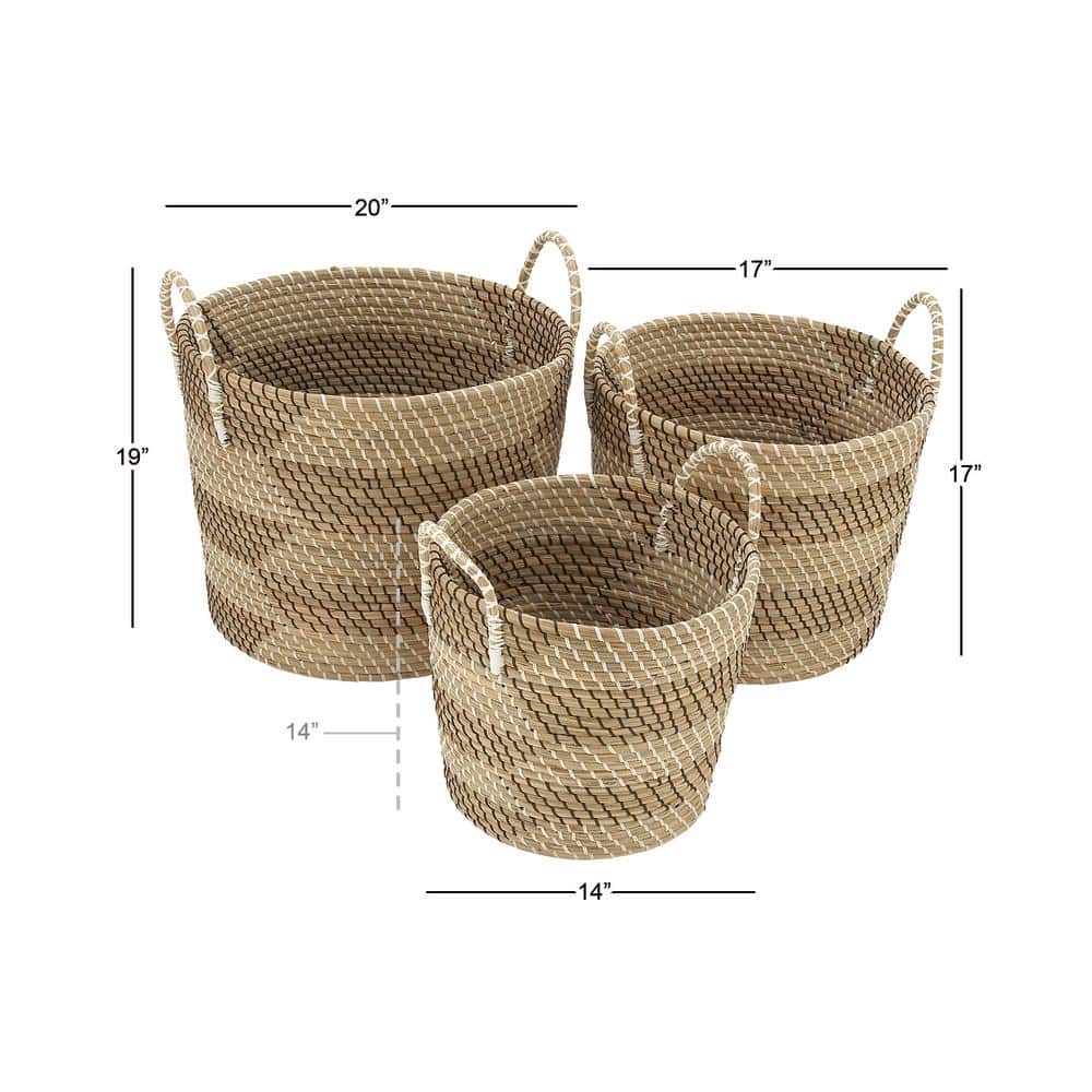Beige and Black Seagrass Round Storage Baskets, Set of 3